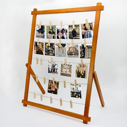 Freestanding Wood Photo Display Board with 30 Clips for Tabletop Decor
