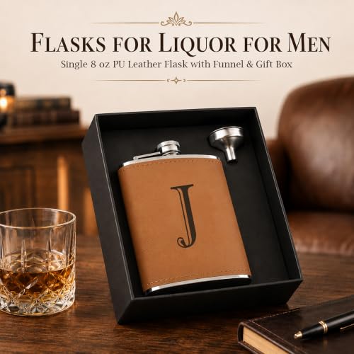CARAKNOTS Leather Flask for Men J - 8 oz Groomsmen Wedding Gift