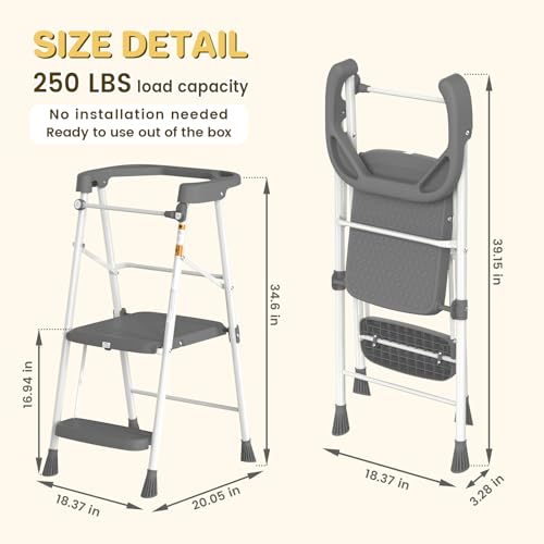 Foldable Toddler Tower Step Stool with Safety Railing, Gray Kitchen Helper