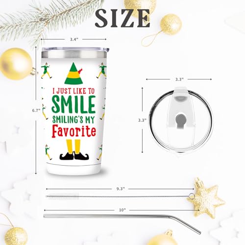 Arsemica Buddy the Elf 20oz Christmas Tumbler – Smile Variation, Insulated Cup with Lid & Straw
