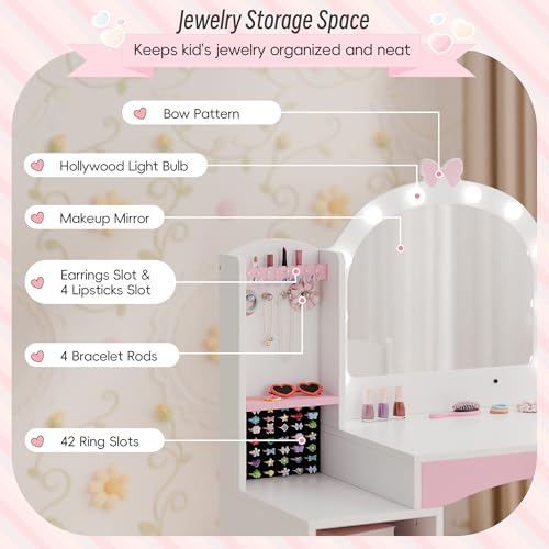 Kids Vanity Table and Chair Set with LED Mirror and Jewelry Organizer