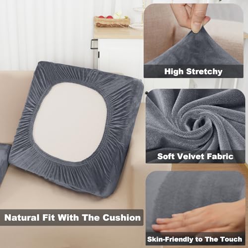 L-Shape Sectional Couch Cover Set - 4-Piece Velvet Slipcovers with Pillowcases - Dark Grey