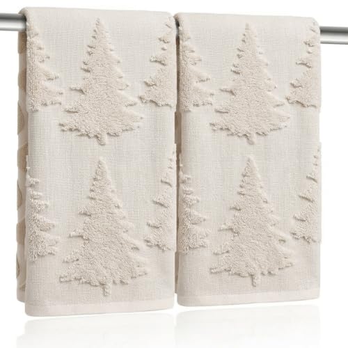 Beige Christmas Tree Hand Towels 2 Pack 100% Cotton Jacquard Holiday Kitchen & Bathroom Decor