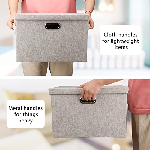 Collapsible Stackable Storage Bins with Lids 3-Pack Beige Linen Fabric