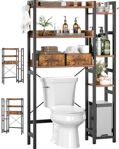 7-Tier Over The Toilet Storage Organizer with Drawers, Rustic Brown