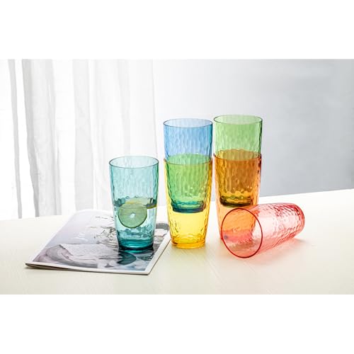 Hammered Acrylic Drinking Glasses, 20 oz Rainbow Tumbler Set of 6