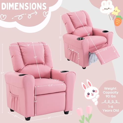 Kids Recliner Chair with Cup Holders and Storage, PU Leather Toddler Sofa