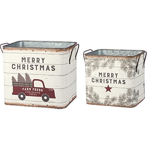 Primitives by Kathy Set of 2 Farmhouse Tin Buckets with Christmas Designs