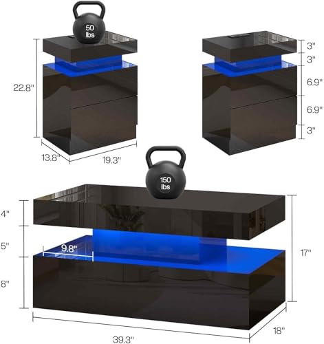 3-Piece Modern Coffee Table Set with LED Lights, Storage, and Charging