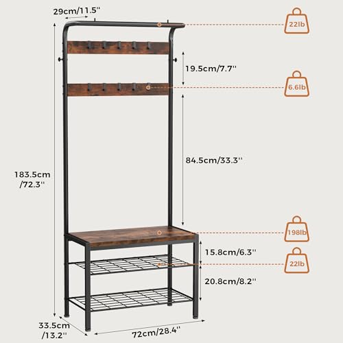 5-in-1 Industrial Hall Tree with Shoe Bench, Hanging Rod and 12 Hooks