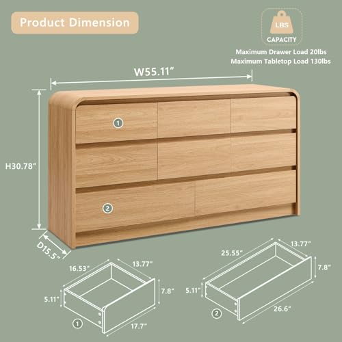 Aitjunz Modern 8-Drawer Dresser for Bedroom, 55.1 W x 15.5 D in Natural Oak