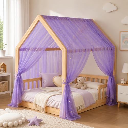 Purple Star Moon Bed Canopy for Kids Room, Sheer Tulle Drape 60x158 Inches