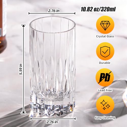 KAMMAK Hand Blown Crystal Collins Glasses Set of 2 - White, 10.8oz Highball Tumblers for Cocktails & Spirits