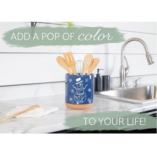 Snowman Navy Ceramic Utensil Holder with Cork Bottom - Holiday Kitchen Organizer