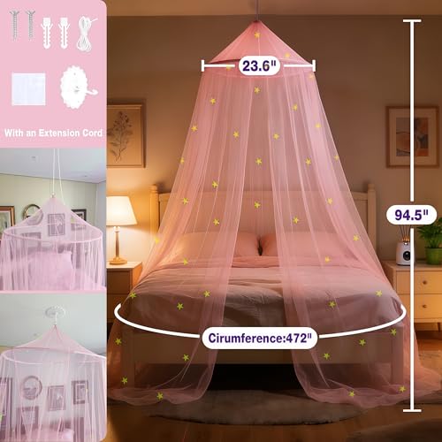 Pink Princess Bed Canopy with Glow-in-the-Dark Stars - Round Dome Curtain