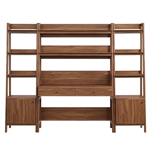 Modway Walnut 3-Piece Office Desk and Bookshelf Set - Modern Home Office Furniture