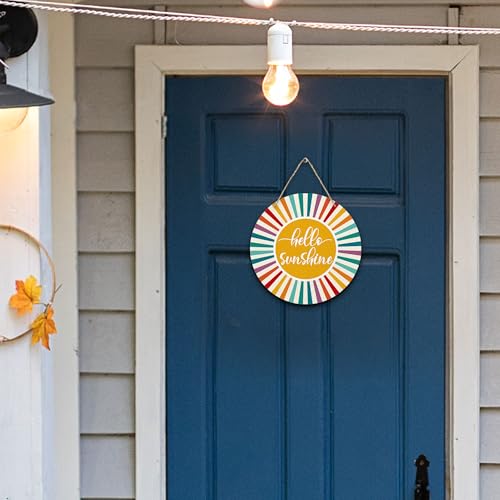 Boho Sunshine Round Wood Wall Sign, 12-Inch Mid-Century Sunray Door Plaque