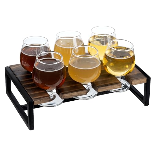 Burnt Wood Beer & Whiskey Flight Tasting Set with 6 Glasses & Tray