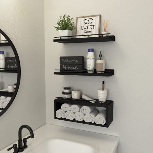 Floating Shelves with Cube Shelf and Metal Rail for Wall Storage Black