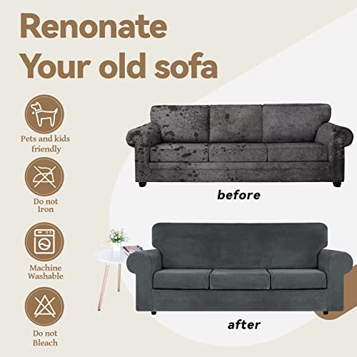 4-Piece Stretch Velvet Sofa Slipcover for 3-Cushion Couch - Dark Grey, Large