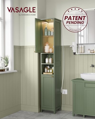 Slim Tall Storage Cabinet with Lights & Adjustable Shelves, Forest Green
