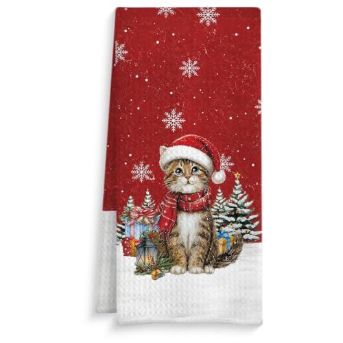 Christmas M Variant Red Cat Kitchen Dish Towels 16x24 Inches - Holiday Decor