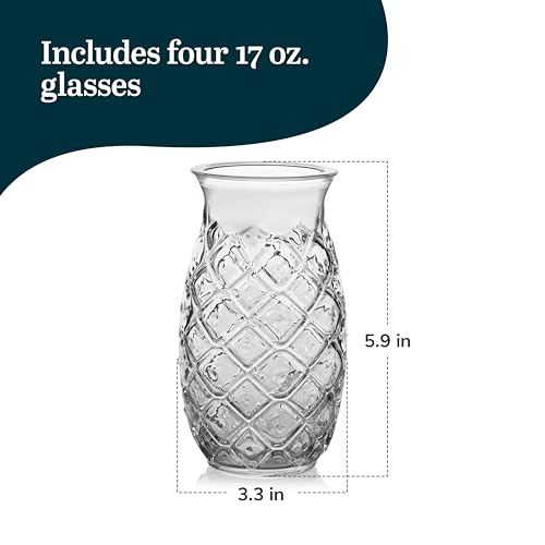 Pineapple Tiki Glasses, 17 oz Tropical Cocktail Drinkware Set of 4
