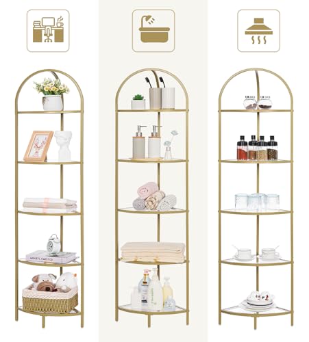5-Tier Gold Corner Shelf, Modern Metal and Glass Storage Display Stand