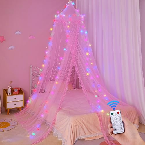 Pink Bed Canopy for Girls Room Decor with LED Lights & Remote Timer