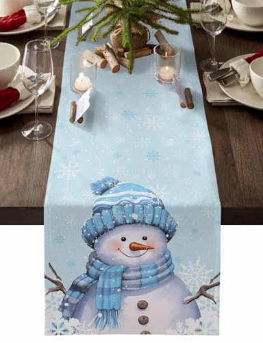 Yukro Light Blue Christmas Snowman Table Runner 13x90 Inch Winter Decor