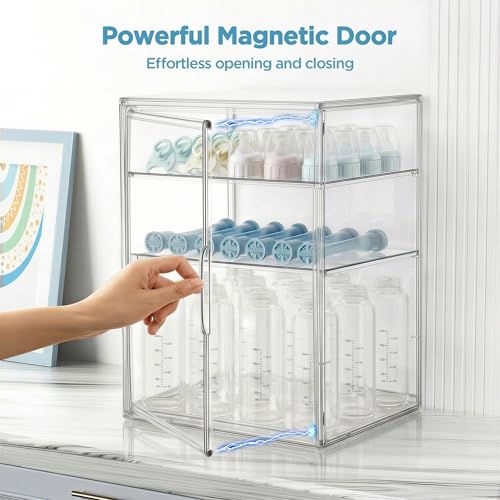 Clear Acrylic Baby Bottle Storage Organizer with Magnetic Door and 3 Tiers