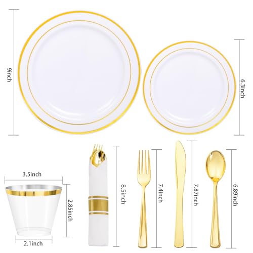 White & Gold 350-Piece Disposable Dinnerware Set for 50 Guests – 50 Dinner Plates, 50 Dessert Plates, 50 Forks, 50 Knives, 50 Spoons, 50 Napkins, 50 Cups (Roll-Up Napkins) - WDF Partyware
