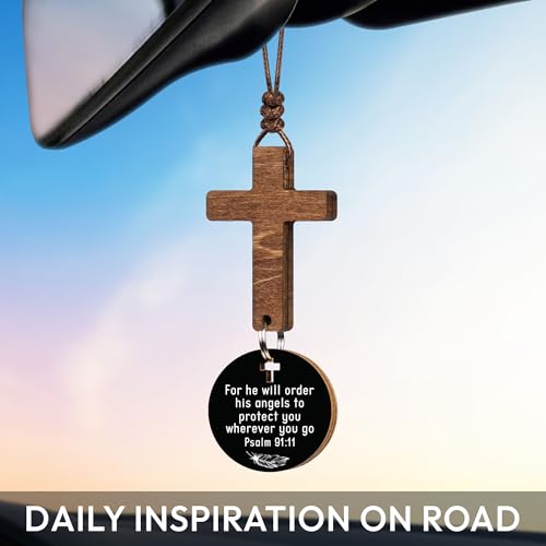 Handmade Wooden Hanging Cross for Car Mirror with Daily Bible Verse Scan