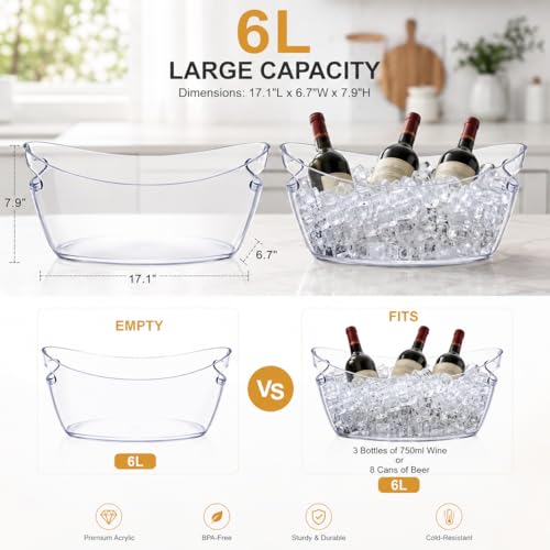 ANKBOL 1PC Clear 6L Acrylic Ice Bucket with Handles & Scoop – Large Capacity Beverage Tub for Parties & Events