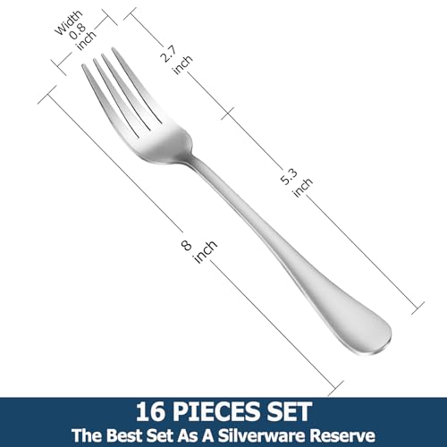 Stainless Steel Dinner Forks, Set of 16 - 8 Inch Mirror Finish Flatware