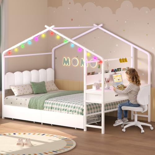 Full Size Kids House Bed with Desk and 4 Storage Drawers, White Metal Frame