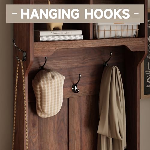 Farmhouse Hall Tree with Shoe Storage Bench, 6 Cubbies & 4 Coat Hooks, Brown