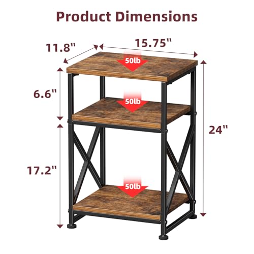 3-Tier Rustic Side Table with Open Shelves, Compact End Table Nightstand