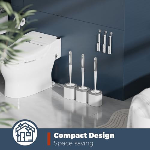 3-Pack Compact Toilet Brush and Holder Set with Crevice Brushes - White