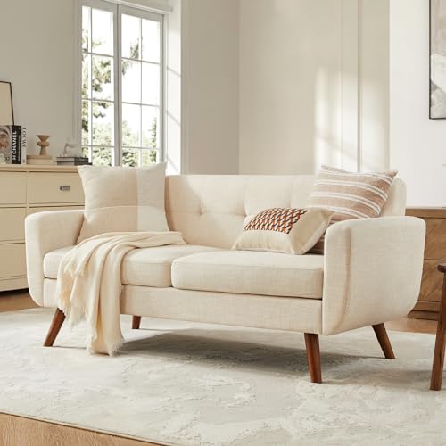 65-Inch Mid-Century Modern Loveseat Sofa, Upholstered Small Couch, Beige