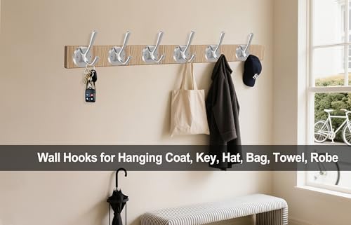 Brushed Nickel Double Wall Hooks - Heavy Duty Coat and Towel Hooks (2 Pack)