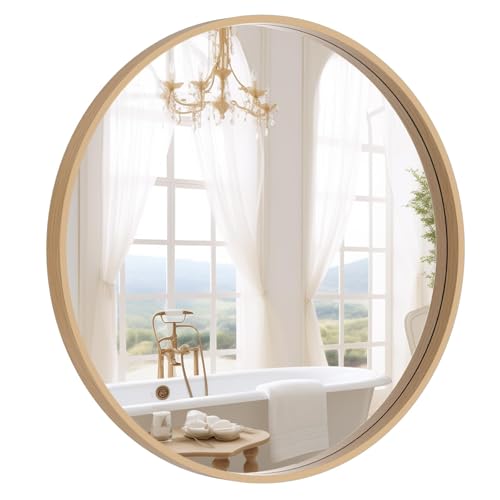 24-Inch Round Wood Wall Mirror - Natural Circle Mirror for Vanity & Entryway