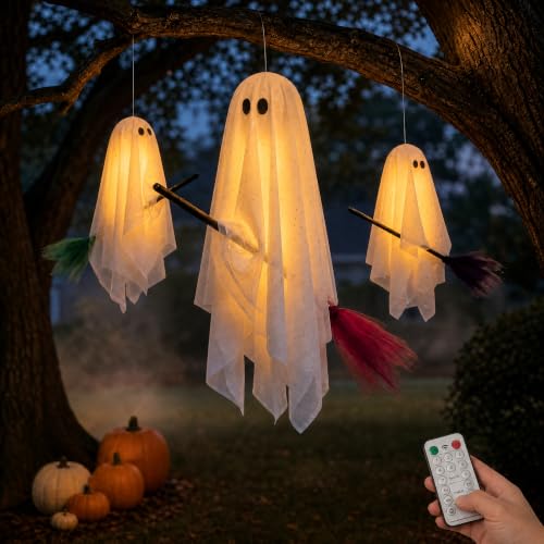 3-Pack Light-Up Hanging Halloween Ghosts on Brooms - Yard & Porch Decor
