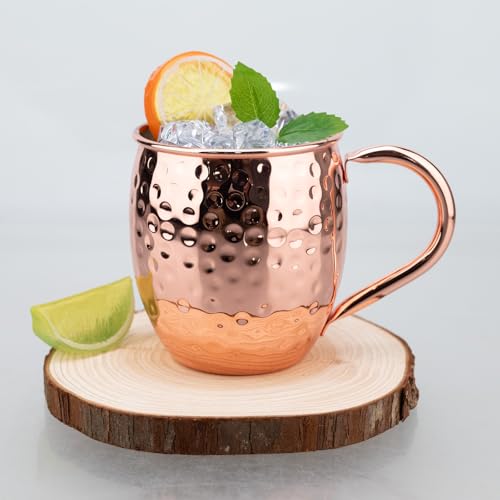 TJ Moscow Mule Mugs Rose Hammered Set of 4, 17 oz Copper Cup w/ GoldenHandle