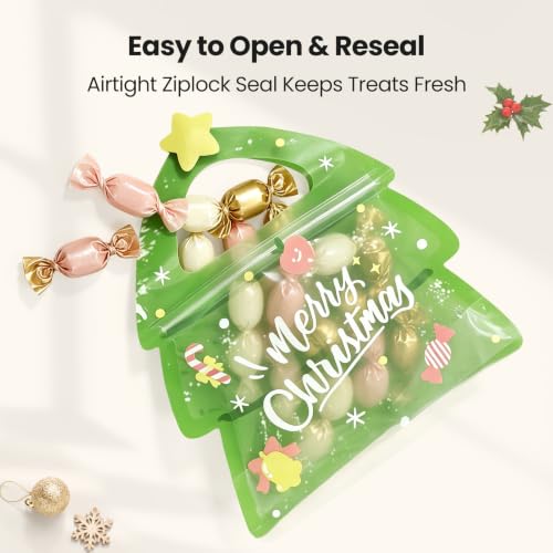 Leafory 50 Pcs Christmas Tree Shaped Treat Bags with Handle, Reusable Gift Bags