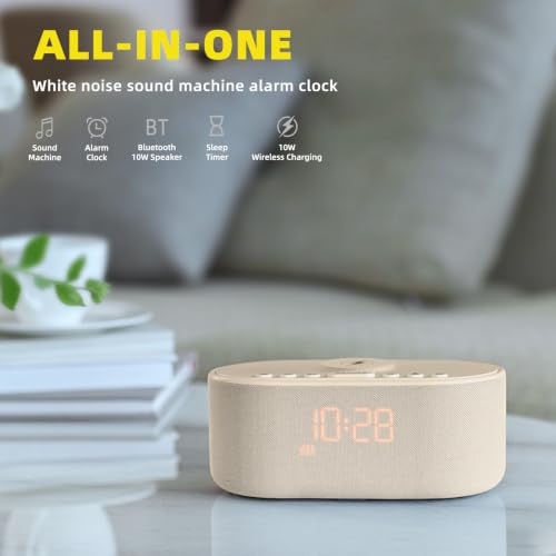 White Noise Sound Machine Alarm Clock with Wireless Charger & Bluetooth Speaker
