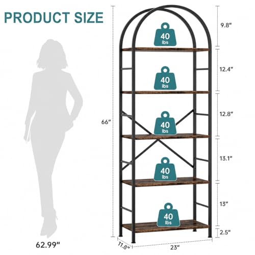 5-Tier Arched Bookshelf, Industrial Metal and Wood Bookcase Storage Organizer