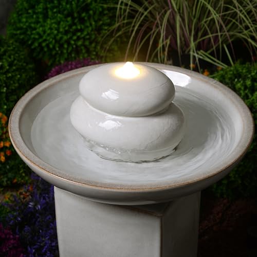 Ivory Ceramic Outdoor Water Fountain with Warm White LED Lights