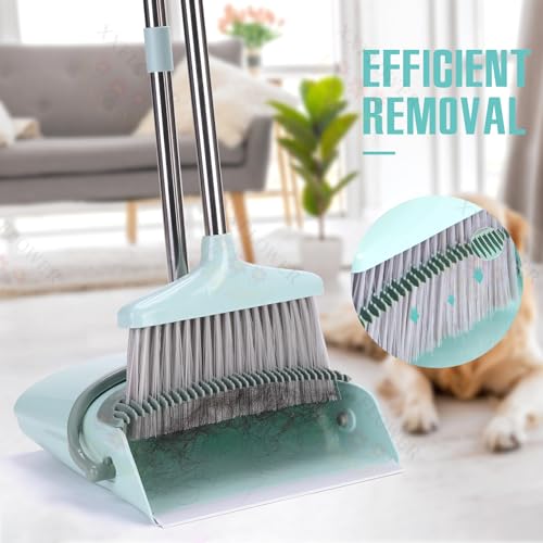 Long Handle Broom and Dustpan Set with Built-in Cleaning Teeth