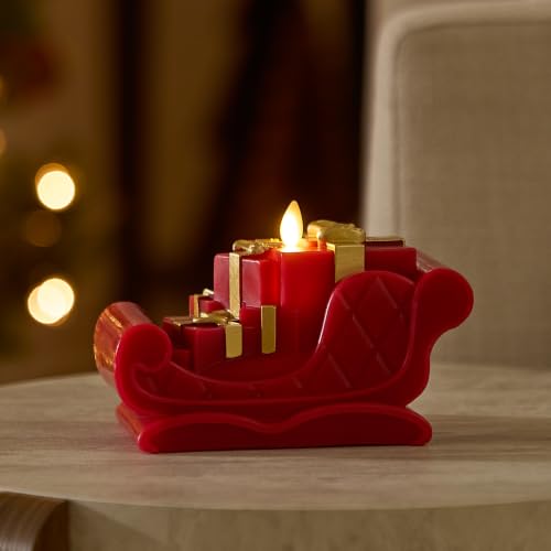 Luminara Flameless Santa Sleigh Candle 7 x 4.5 in Red - Moving Real Flame, Unscented
